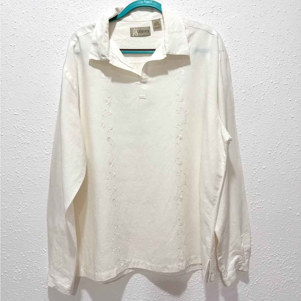 Cubavera pull over Cream Long Sleeve Shirt with Embroidery XL
